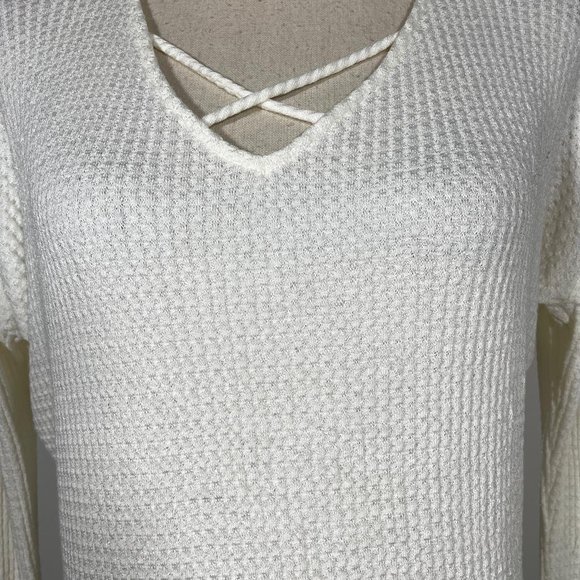 Jolie Ivory Cream V Neck Cut Out Waffle Knit Long Sleeve Pullover Sweater S - Picture 5 of 11